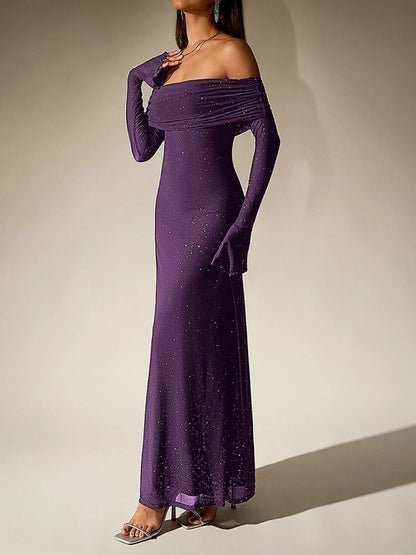 Glitter Off-Shoulder Maxi Dress-Nordavory