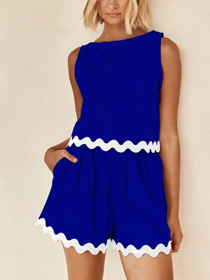 Contrast Trim Round Neck Tank and Shorts Set-Nordavory