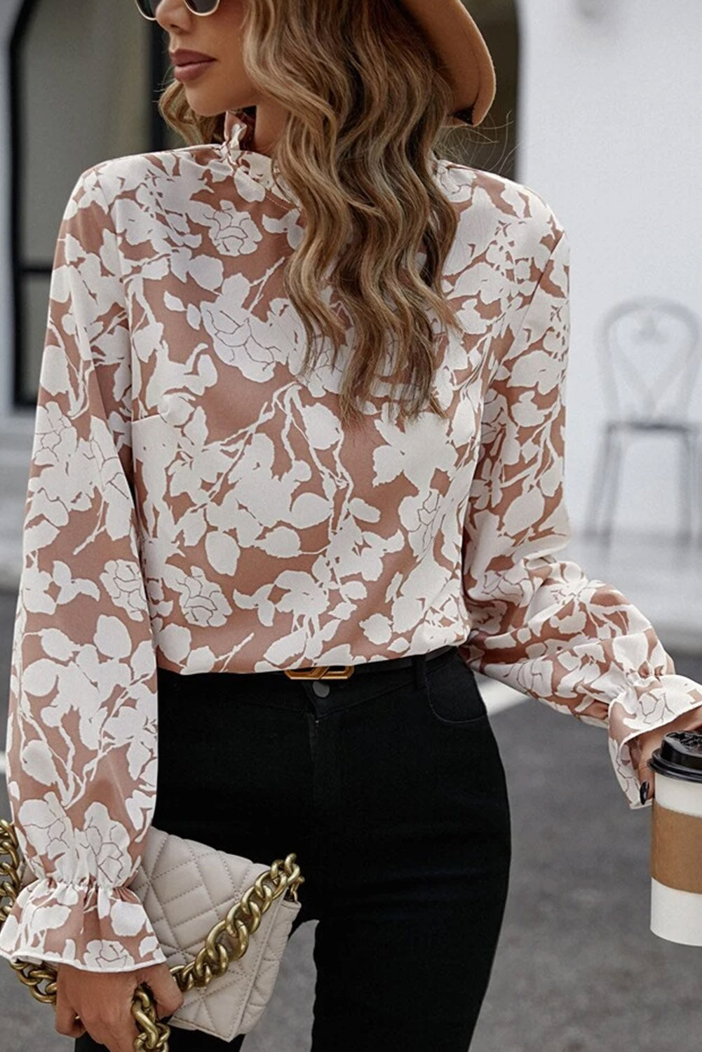 Floral Print Mock Neck Flounce Sleeve Blouse-Nordavory