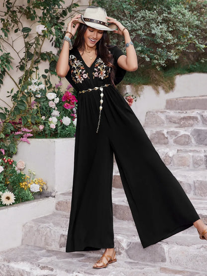 Embroidered Ruched Short Sleeve Jumpsuit-Nordavory