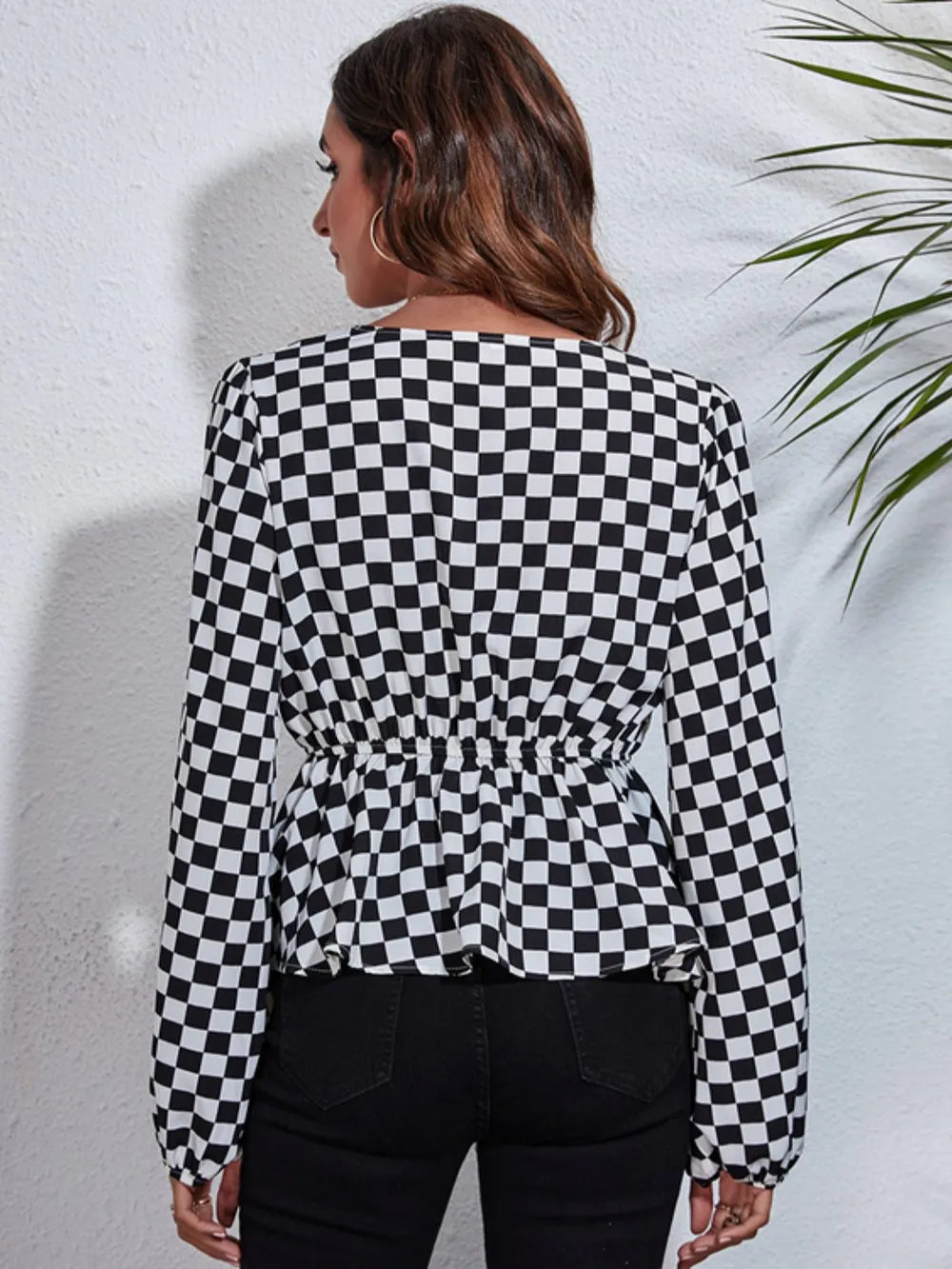 Checkered V-Neck Balloon Sleeve Peplum Blouse-Nordavory