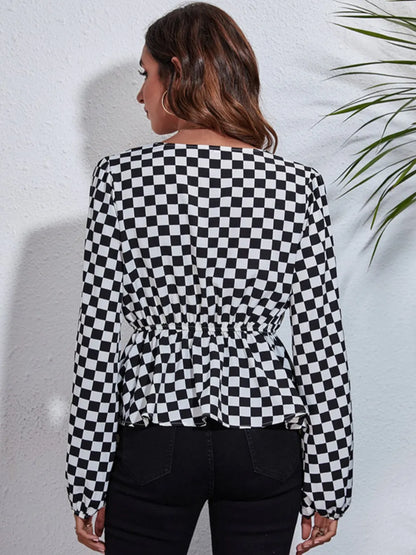 Checkered V-Neck Balloon Sleeve Peplum Blouse-Nordavory
