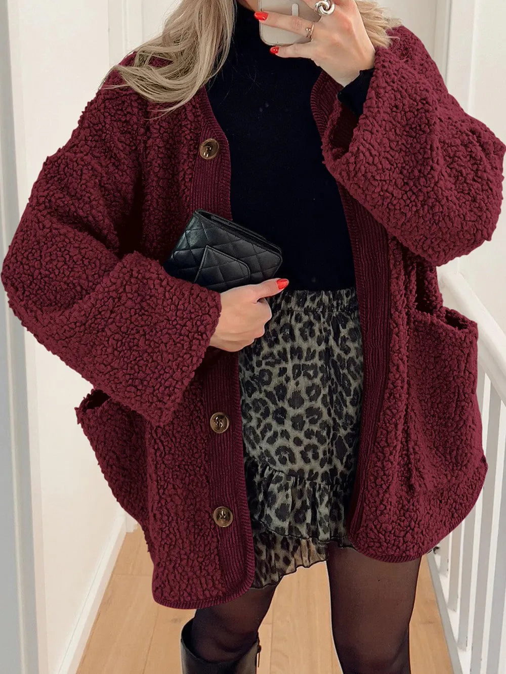 Contrast Button Up Sherpa Jacket with Pockets-Nordavory