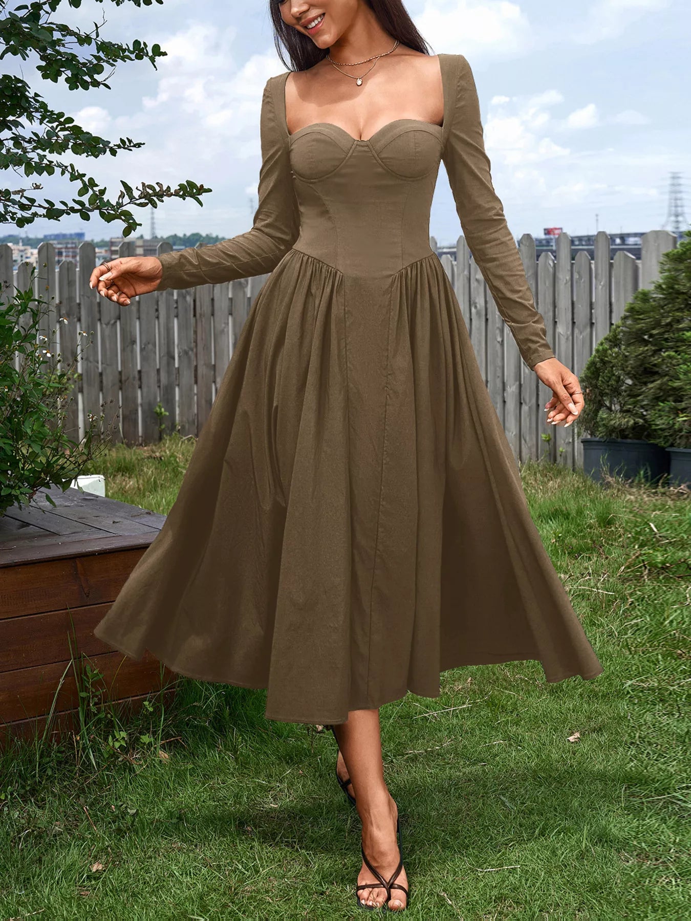 Sweetheart Neckline Long Sleeve A-Line Midi Dress-Nordavory