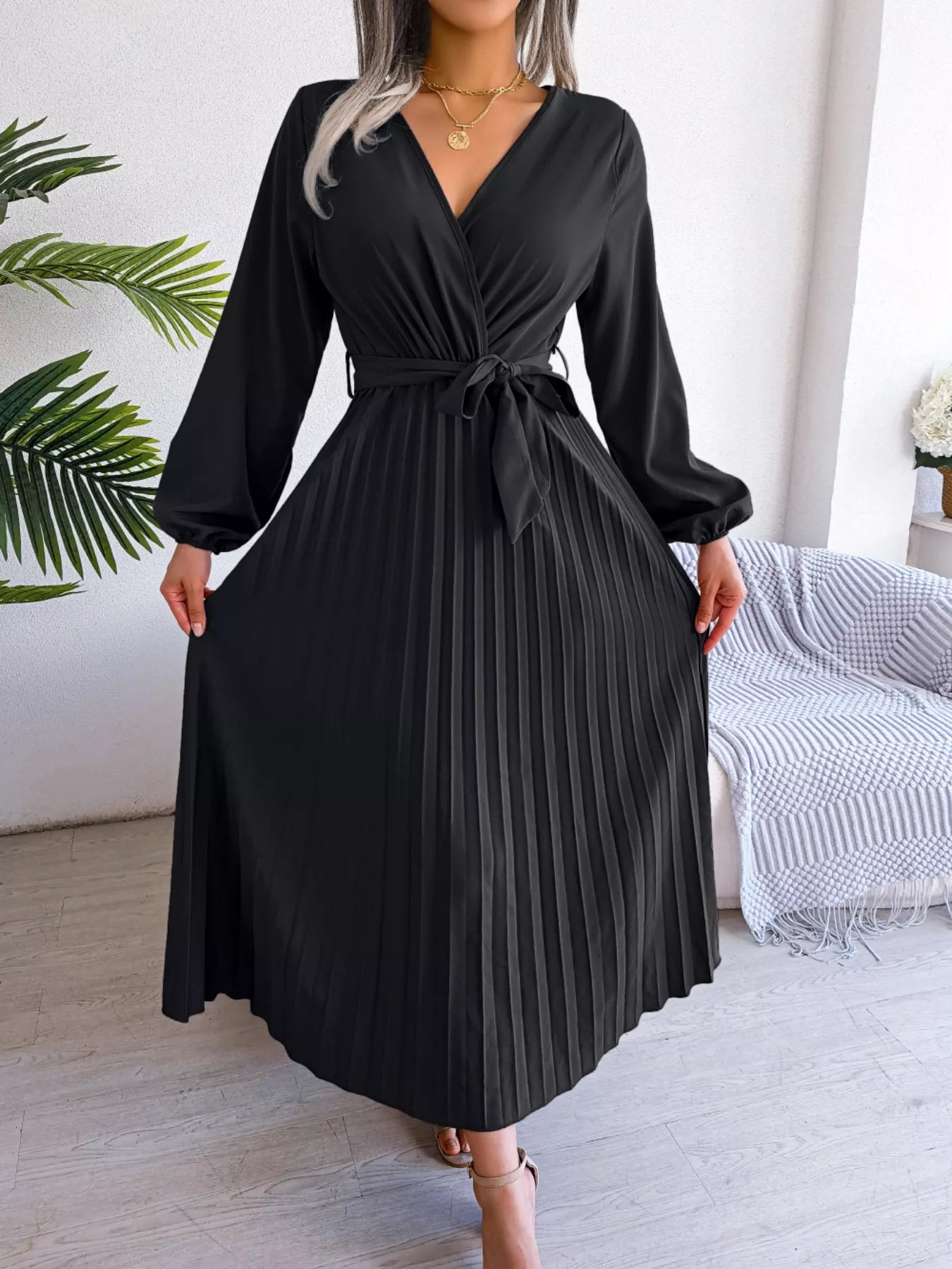 Elegant Pleated Front Tie Long Sleeve Dress-Nordavory