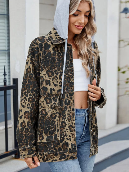 Leopard Button Up Drop Shoulder Denim Jacket-Nordavory