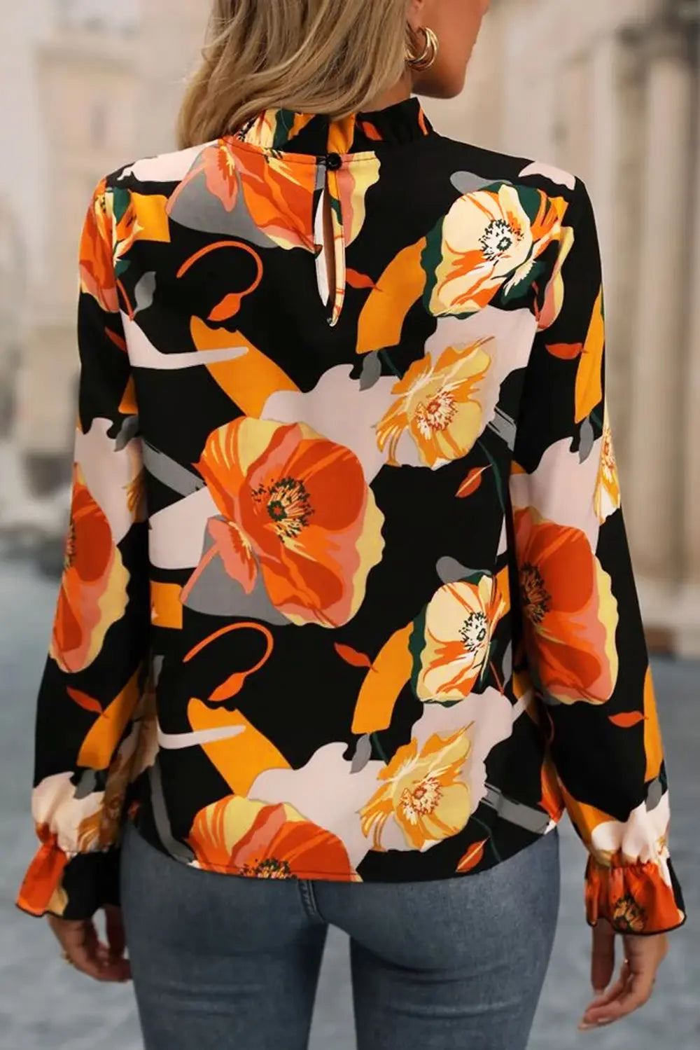 Floral Mock Neck Flounce Sleeve Blouse-Nordavory