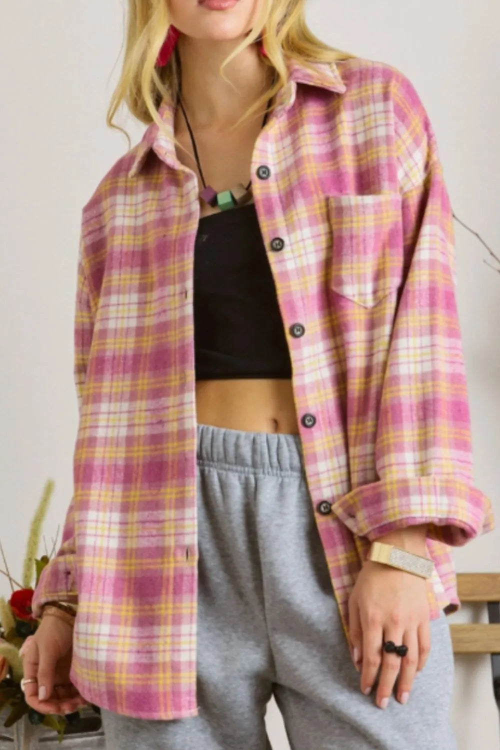 Plaid Collared Neck Button Up Shacket-Nordavory