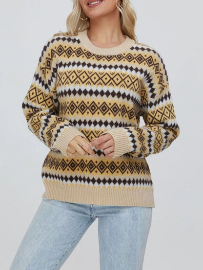 Geometric Pattern Round Neck Sweater-Nordavory