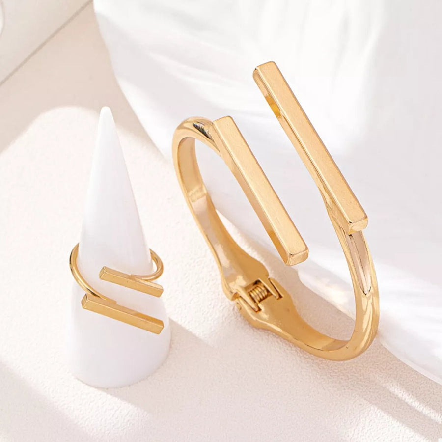 Adjustable 18K Gold-Plated Modern Bar Bracelet and Ring Jewelry Set - Golden / onesize - Image 4