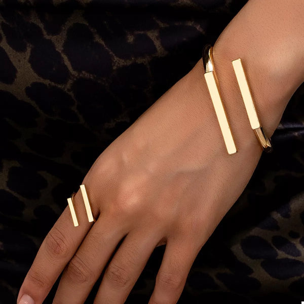 Adjustable 18K Gold-Plated Modern Bar Bracelet and Ring Jewelry Set-Nordavory