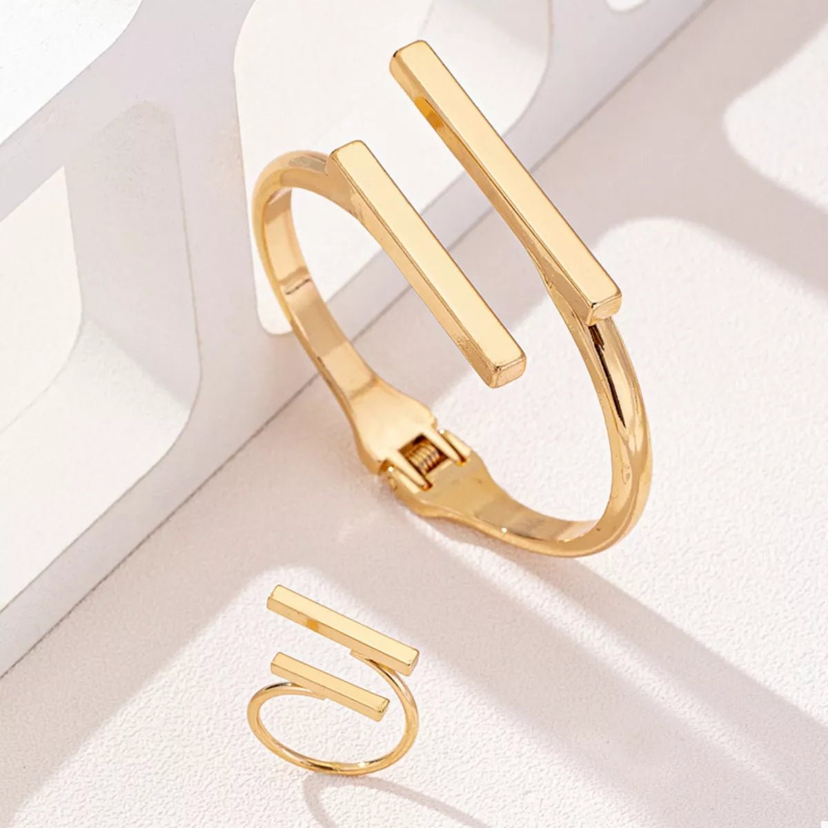 Adjustable 18K Gold-Plated Modern Bar Bracelet and Ring Jewelry Set-Nordavory