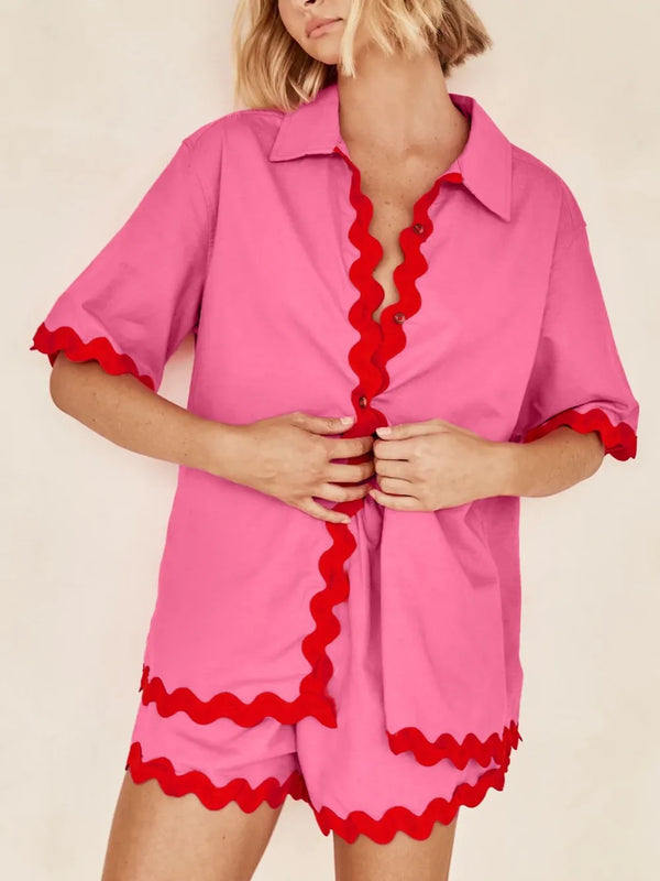 Contrast Trim Half Sleeve Top and Shorts Set-Nordavory