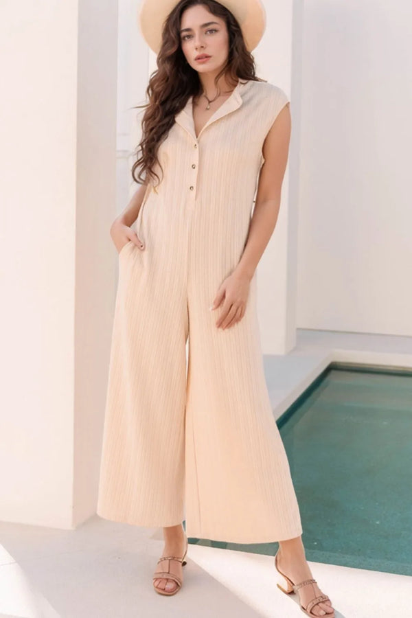 Textured Button Front Wide Leg Cap Sleeve Jumpsuit-Nordavory