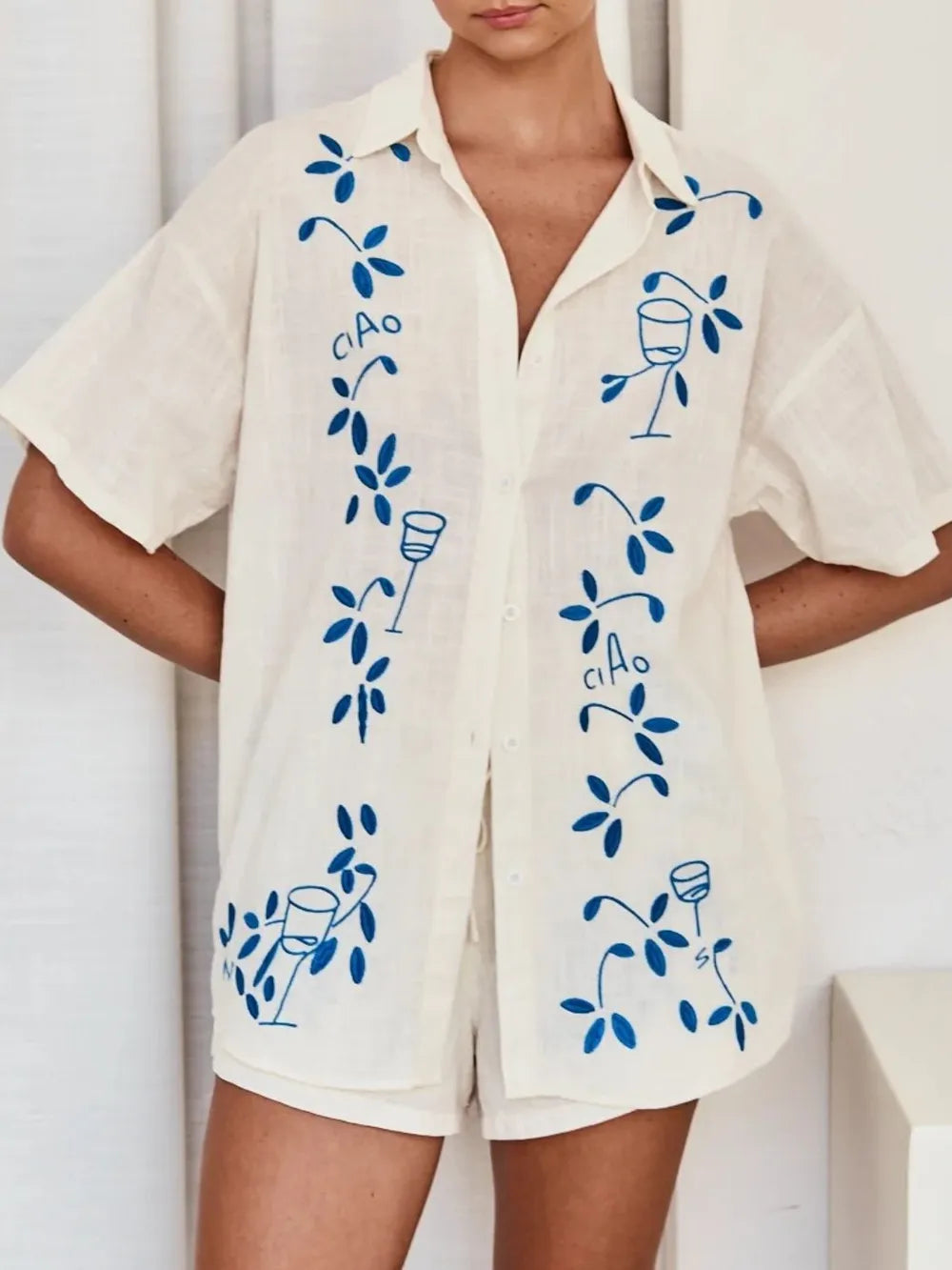 Embroidered Button Up Half Sleeve Top and Shorts Set-Nordavory