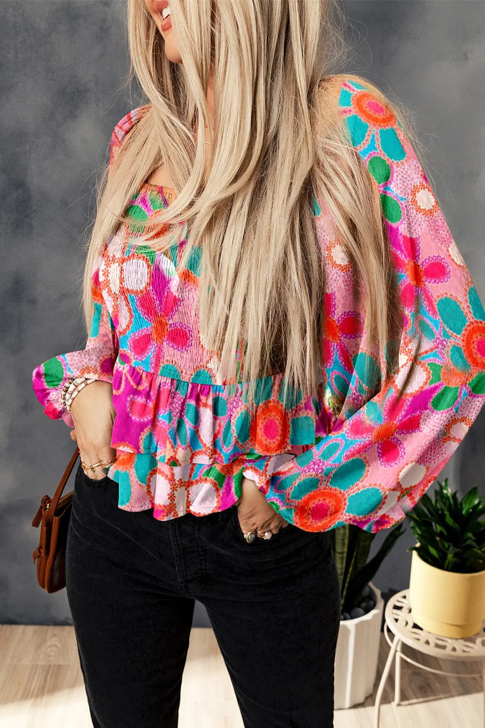 Floral Smocked Ruffled Balloon Sleeve Blouse-Nordavory