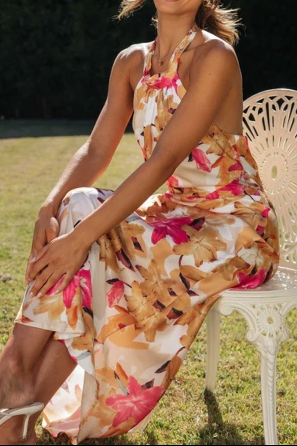 Floral Print Halter Neck Maxi Dress-Nordavory