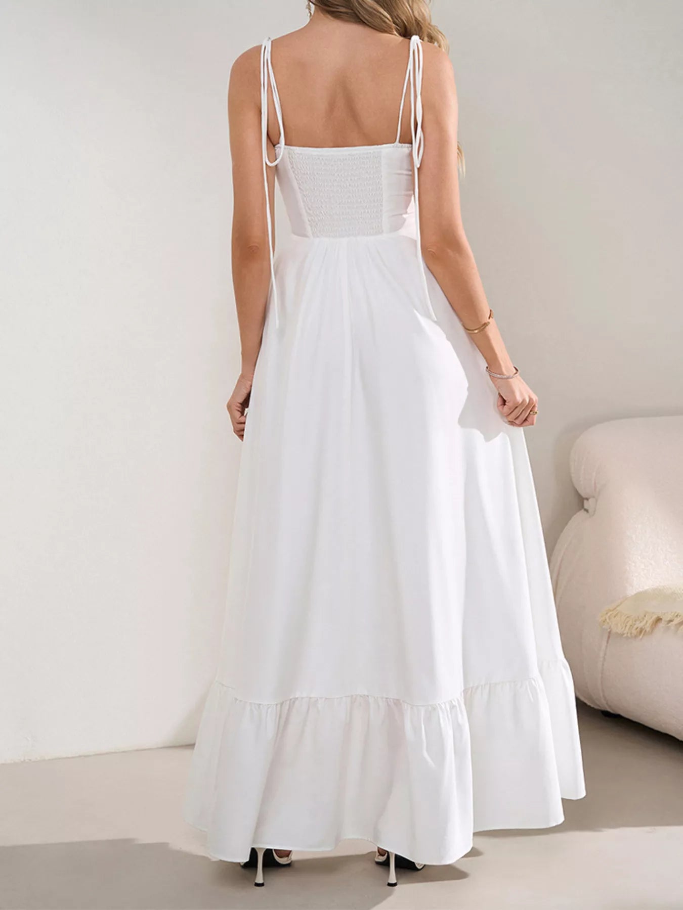 Sweetheart Neck Tie-Strap Ruffle Hem Maxi Dress-Nordavory