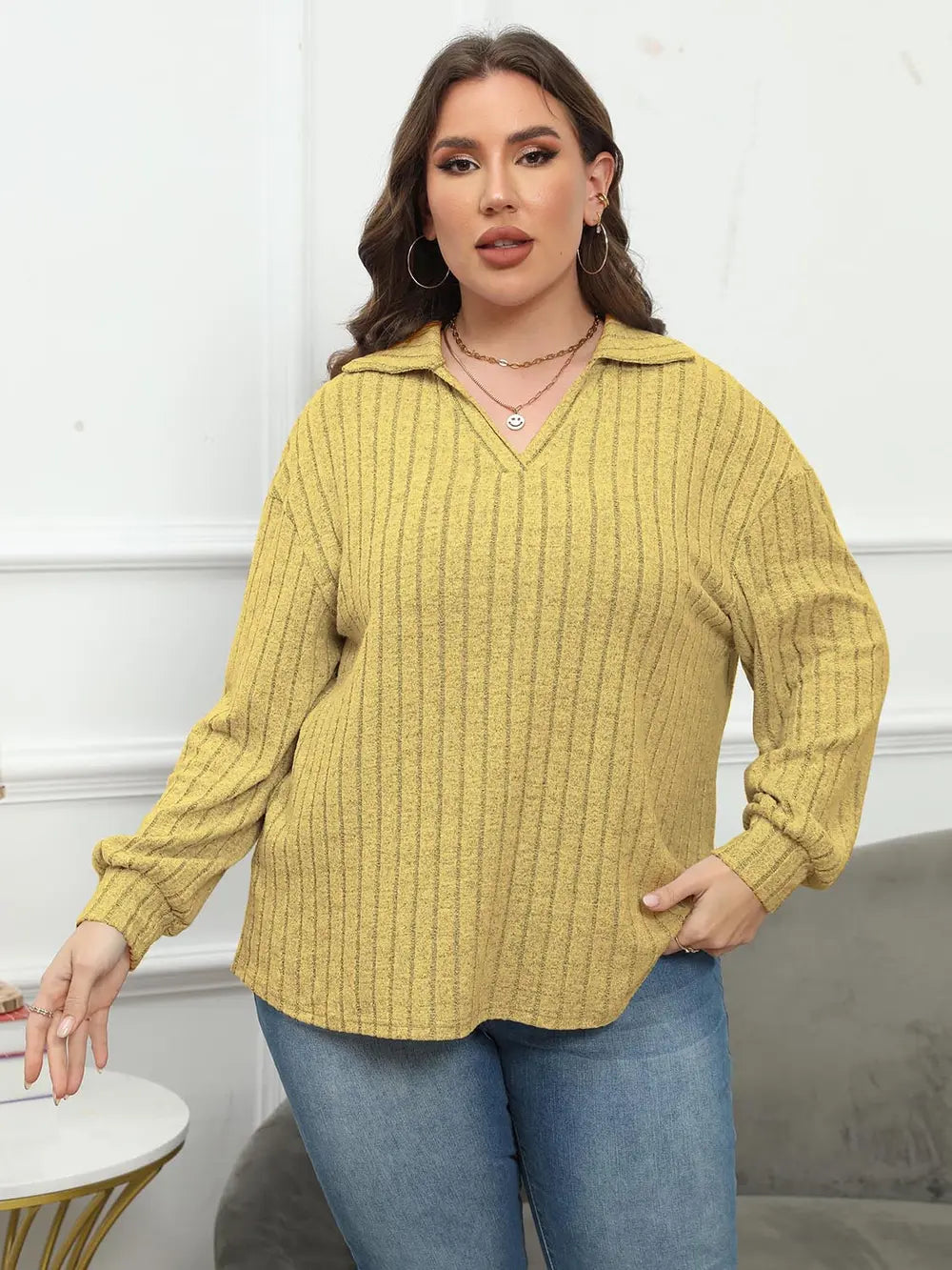 Plus Size Ribbed Collared Neck Long Sleeve Blouse-Nordavory