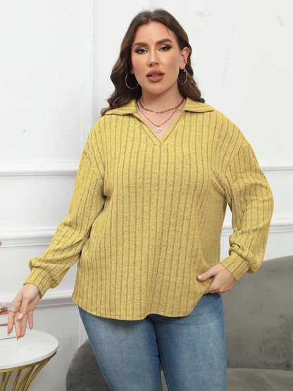 Plus Size Ribbed Collared Neck Long Sleeve Blouse-Nordavory