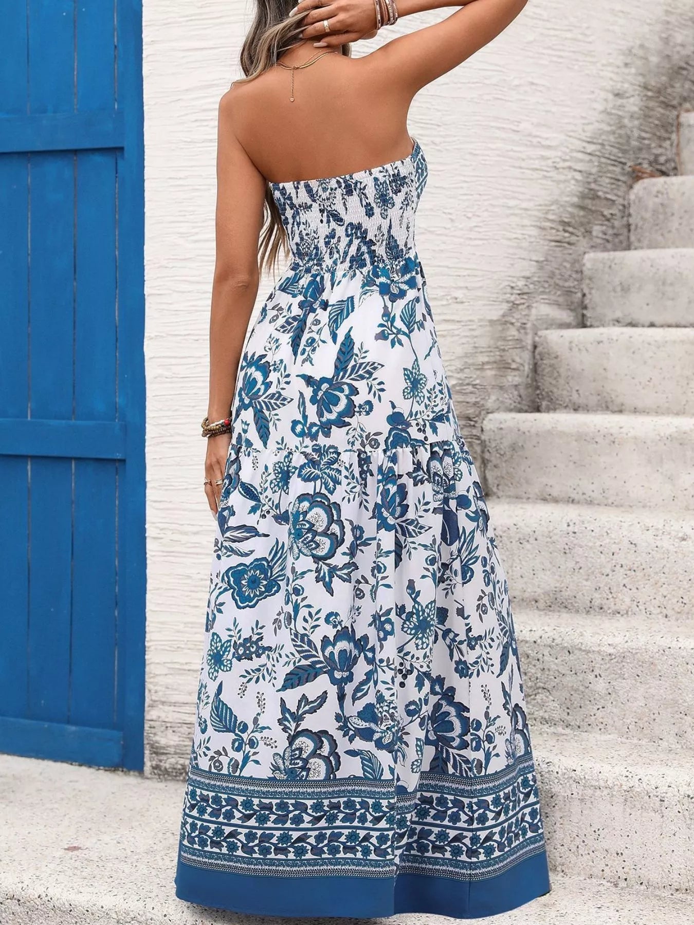 Floral Print Strapless Maxi Dress-Nordavory