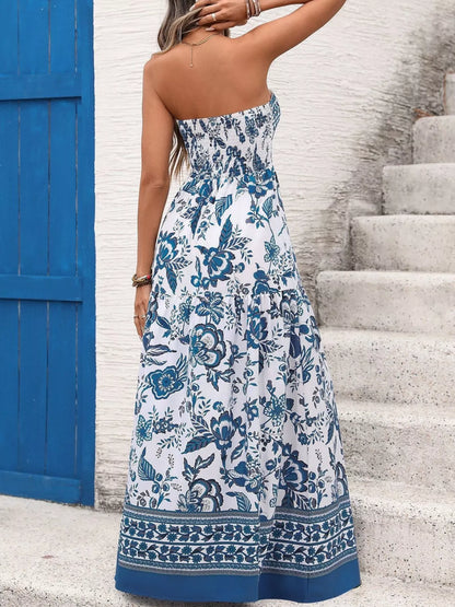 Floral Print Strapless Maxi Dress-Nordavory