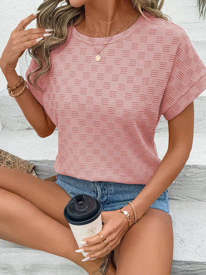 Checkered Textured Round Neck T-Shirt-Nordavory