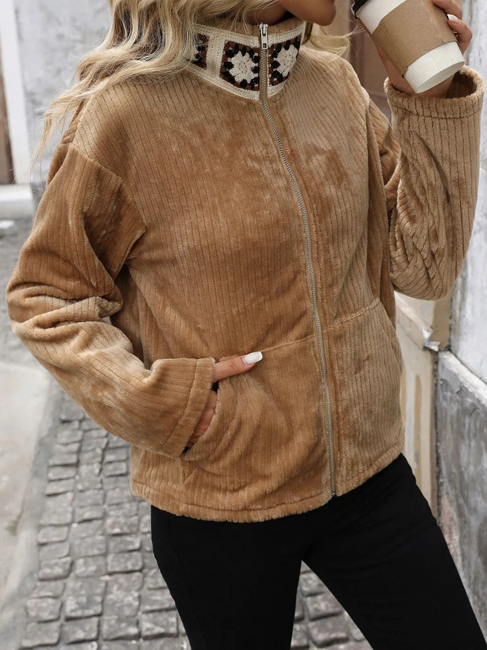 Perfee Pocketed Zip Up Collared Neck Long Sleeve Jacket-Nordavory