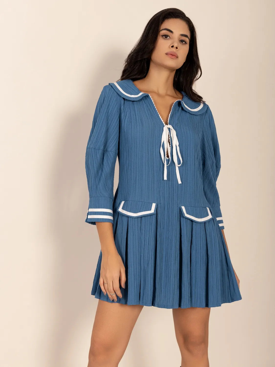 Tie Front Pleated Three-Quarter Sleeve Mini Dress-Nordavory