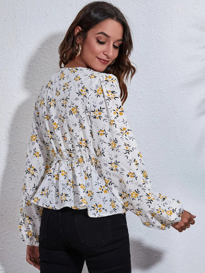 Floral V-Neck Balloon Sleeve Peplum Blouse-Nordavory