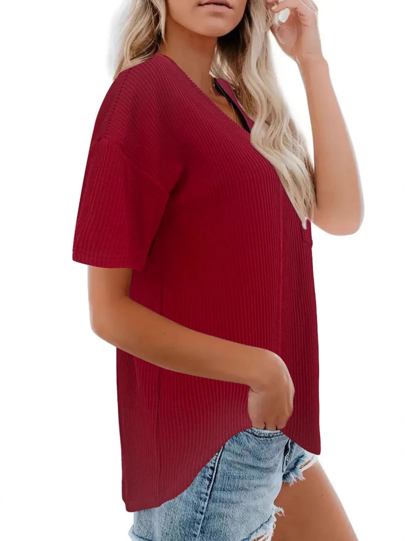 Ribbed V-Neck Oversized T-Shirt-Nordavory