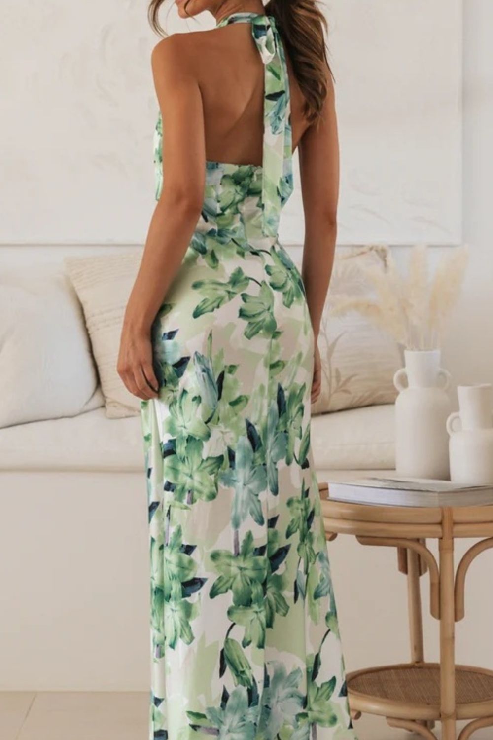 Floral Print Halter Neck Maxi Dress-Nordavory