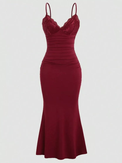 Lace Trim Ruched Mermaid Dress-Nordavory
