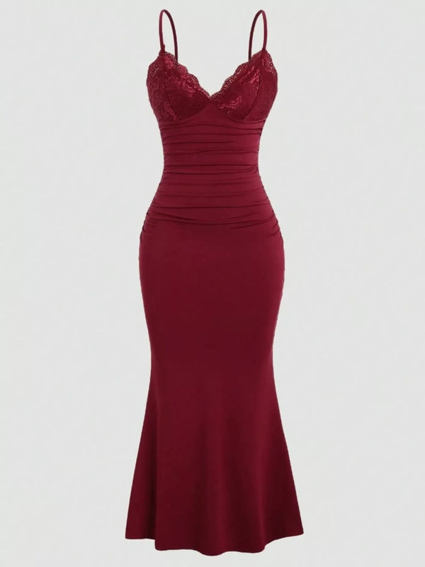 Lace Trim Ruched Mermaid Dress-Nordavory