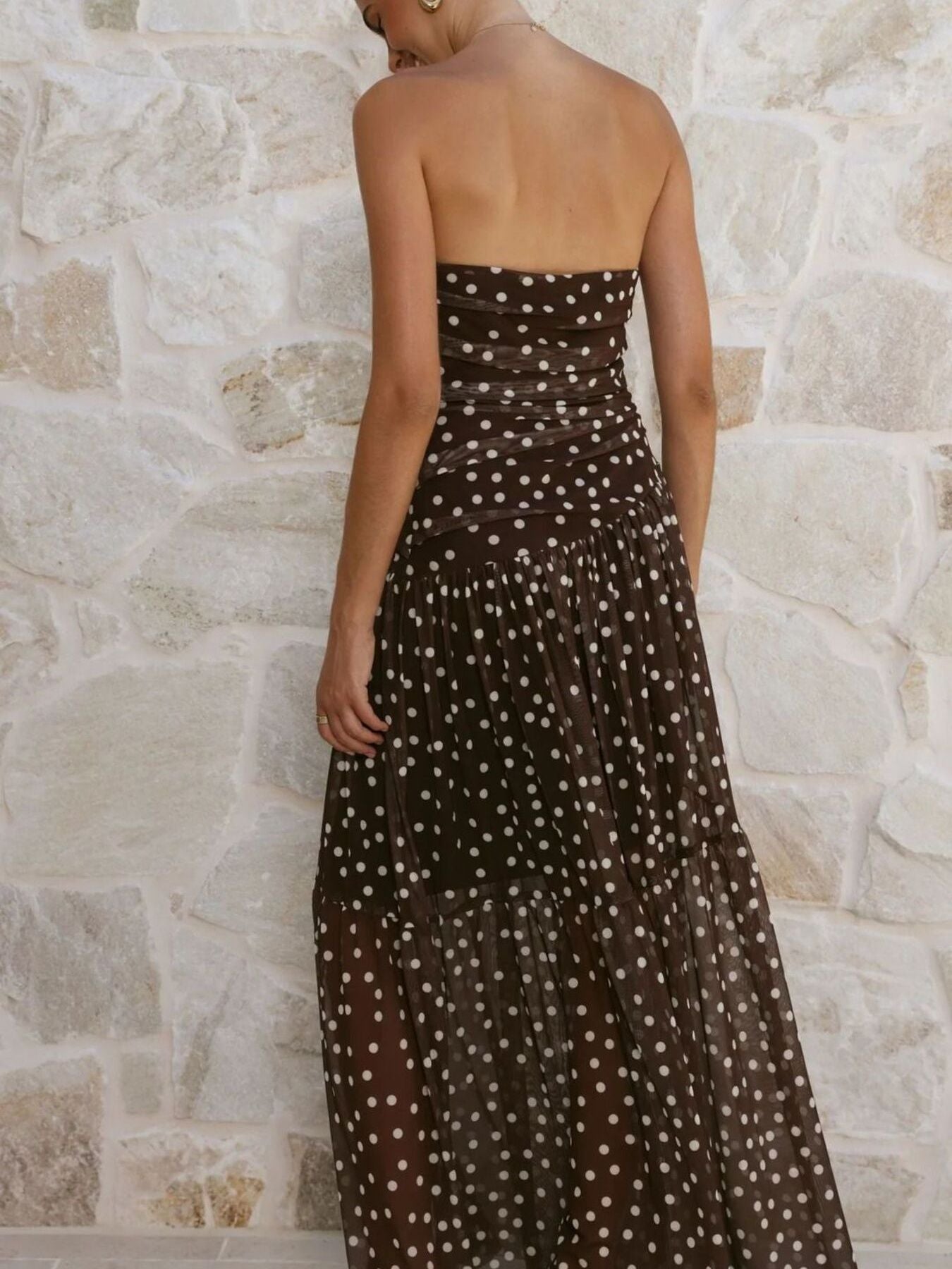 Polka Dot Strapless Ruched Maxi Dress-Nordavory