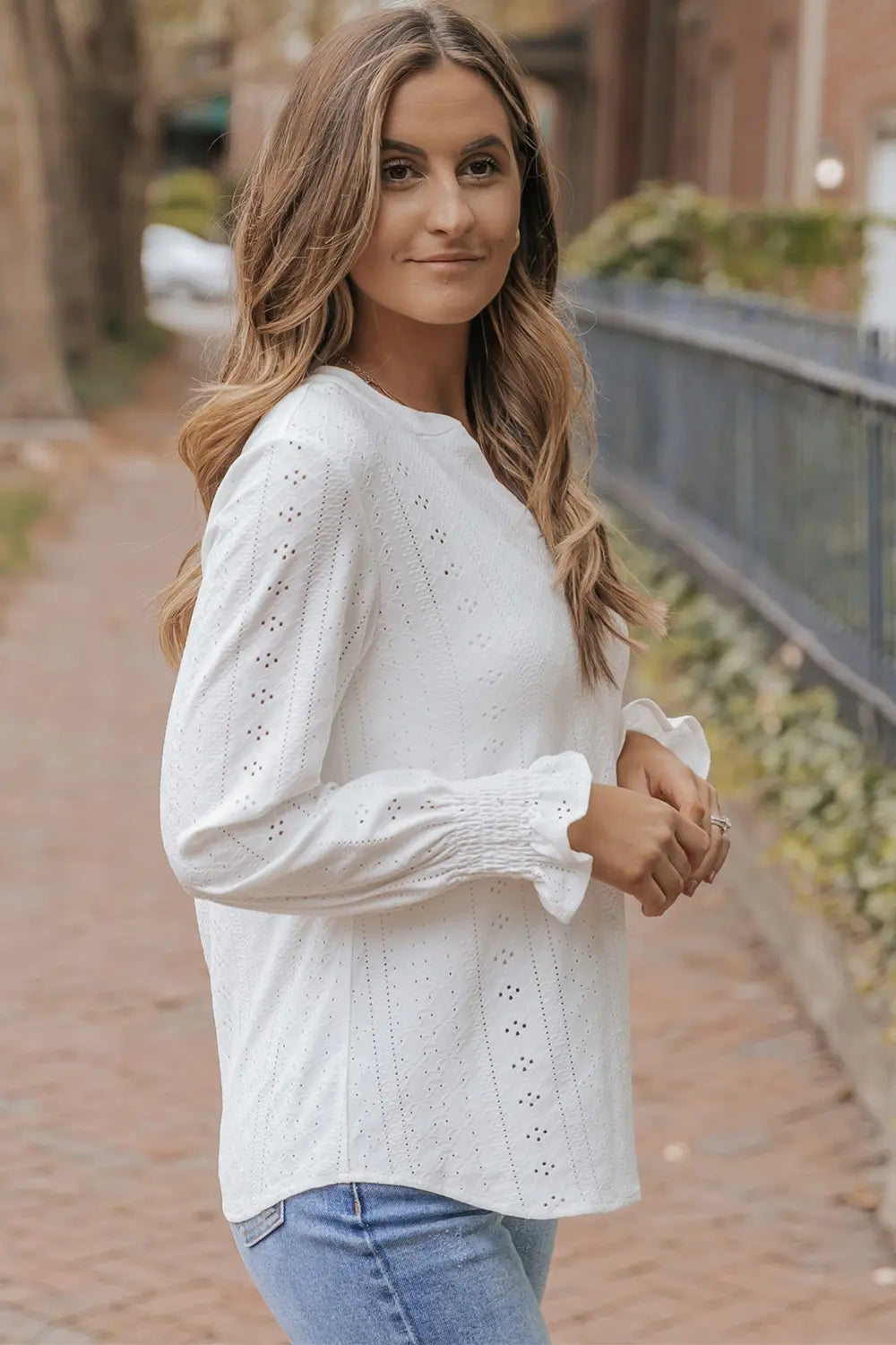 Openwork Notched Flounce Sleeve Blouse-Nordavory