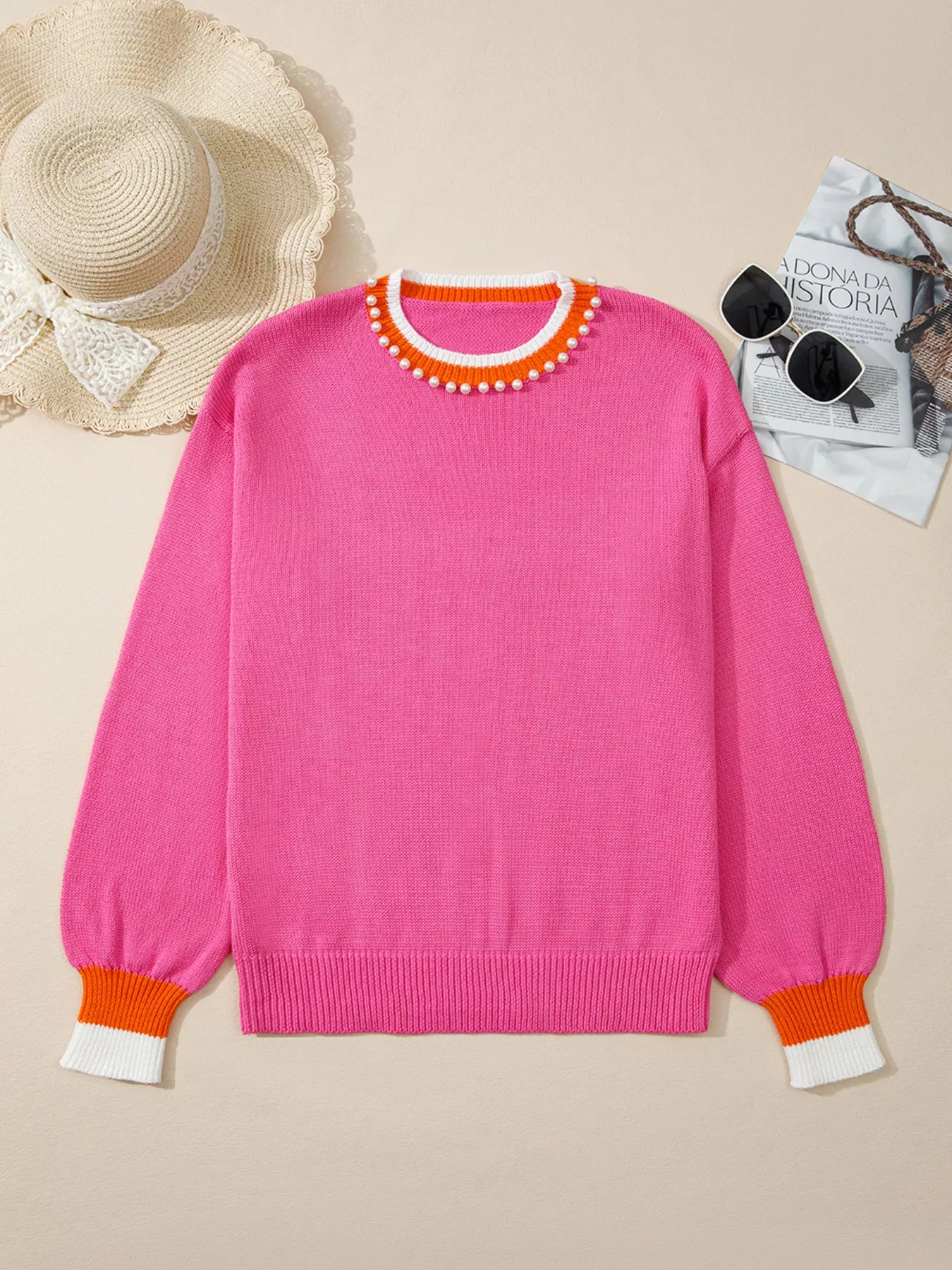 Contrast Crew Neck Pearled Decor Drop Shoulder Knit Sweater-Nordavory