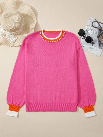 Contrast Crew Neck Pearled Decor Drop Shoulder Knit Sweater-Nordavory