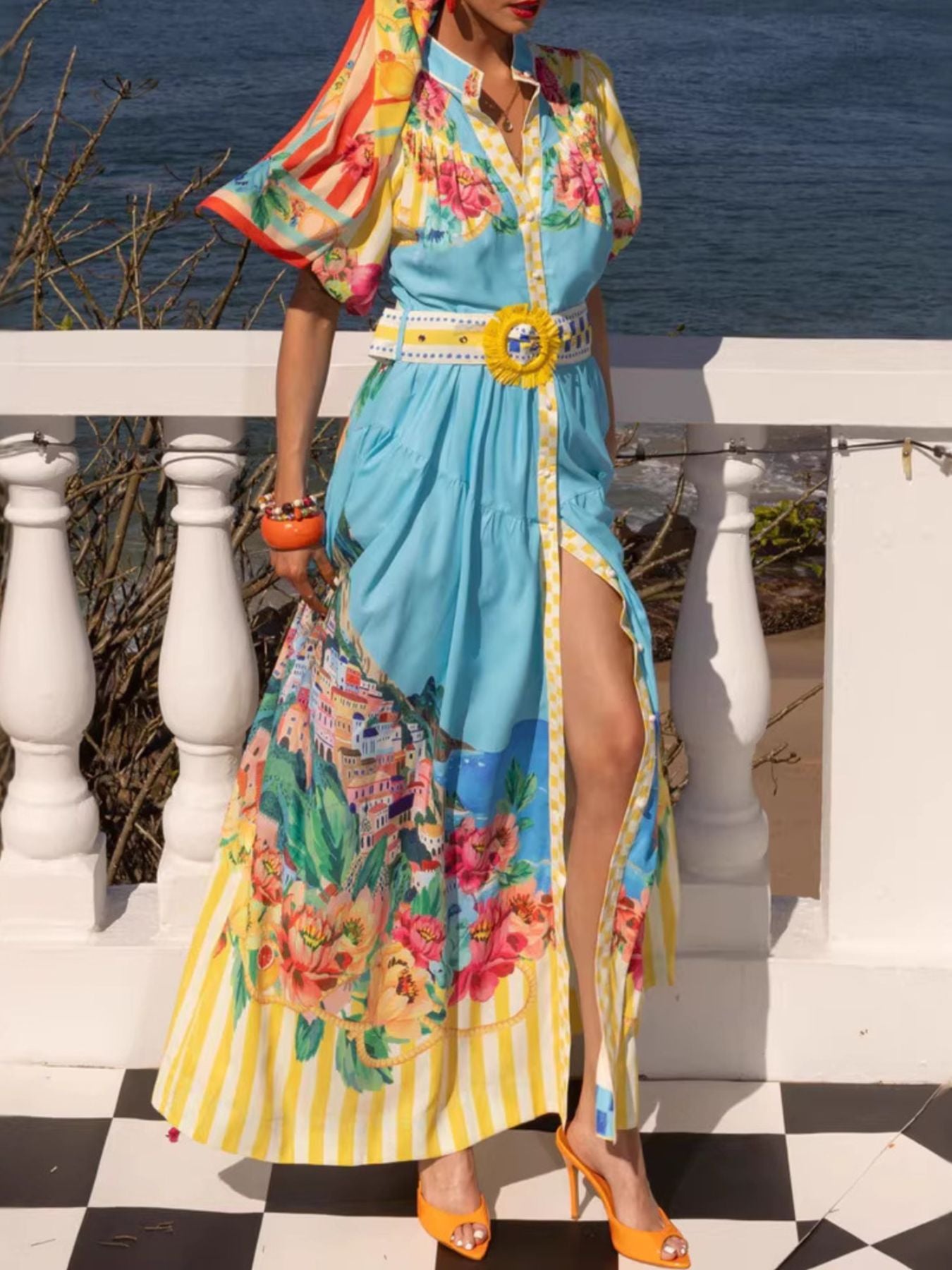Printed Button Front Puff Sleeve Maxi Dress-Nordavory