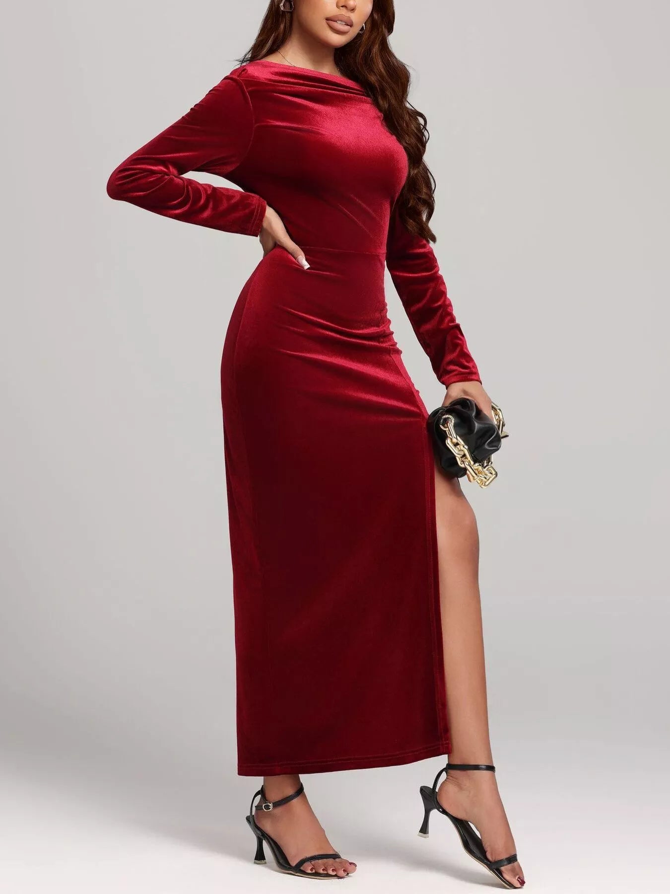 Ruched Velvet Long Sleeve Slit Dress-Nordavory