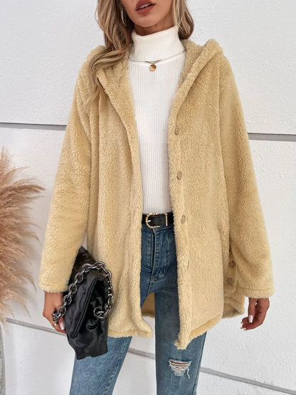 Fuzzy Button Up Hooded Jacket-Nordavory