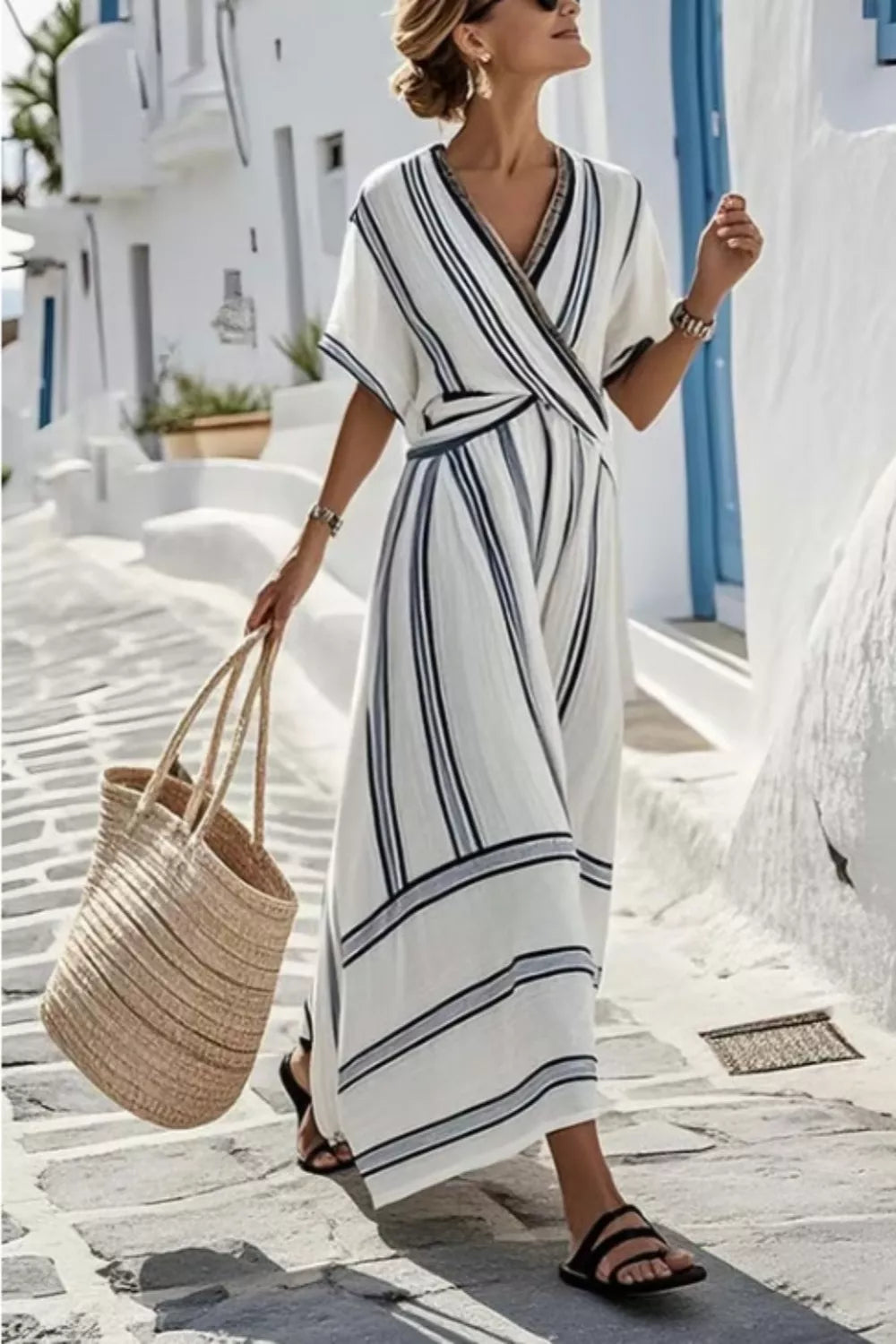 Striped Wrap Half Sleeve Maxi Dress-Nordavory