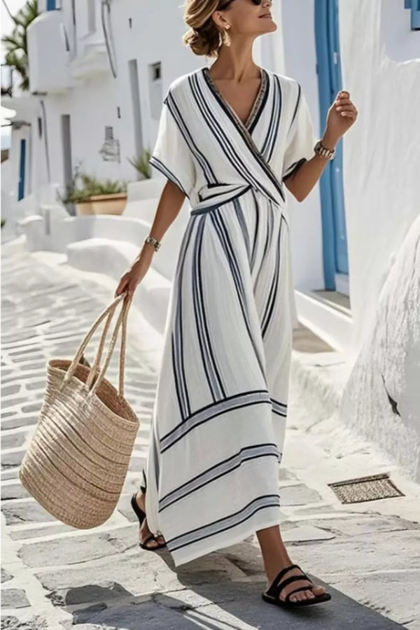 Striped Wrap Half Sleeve Maxi Dress-Nordavory