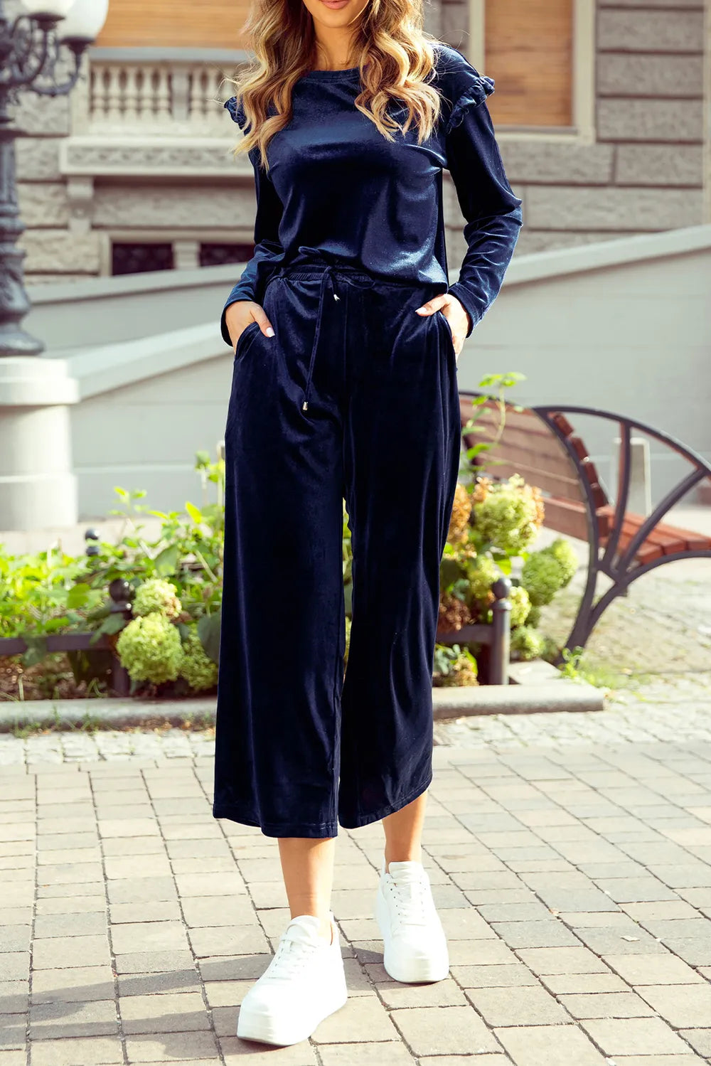 Frill Round Neck Long Sleeve Top and Pants Set-Nordavory