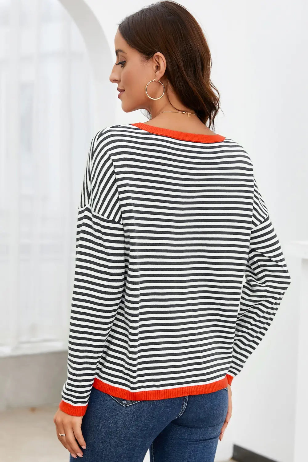 Striped Round Neck Drop Shoulder T-Shirt-Nordavory