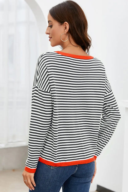 Striped Round Neck Drop Shoulder T-Shirt-Nordavory