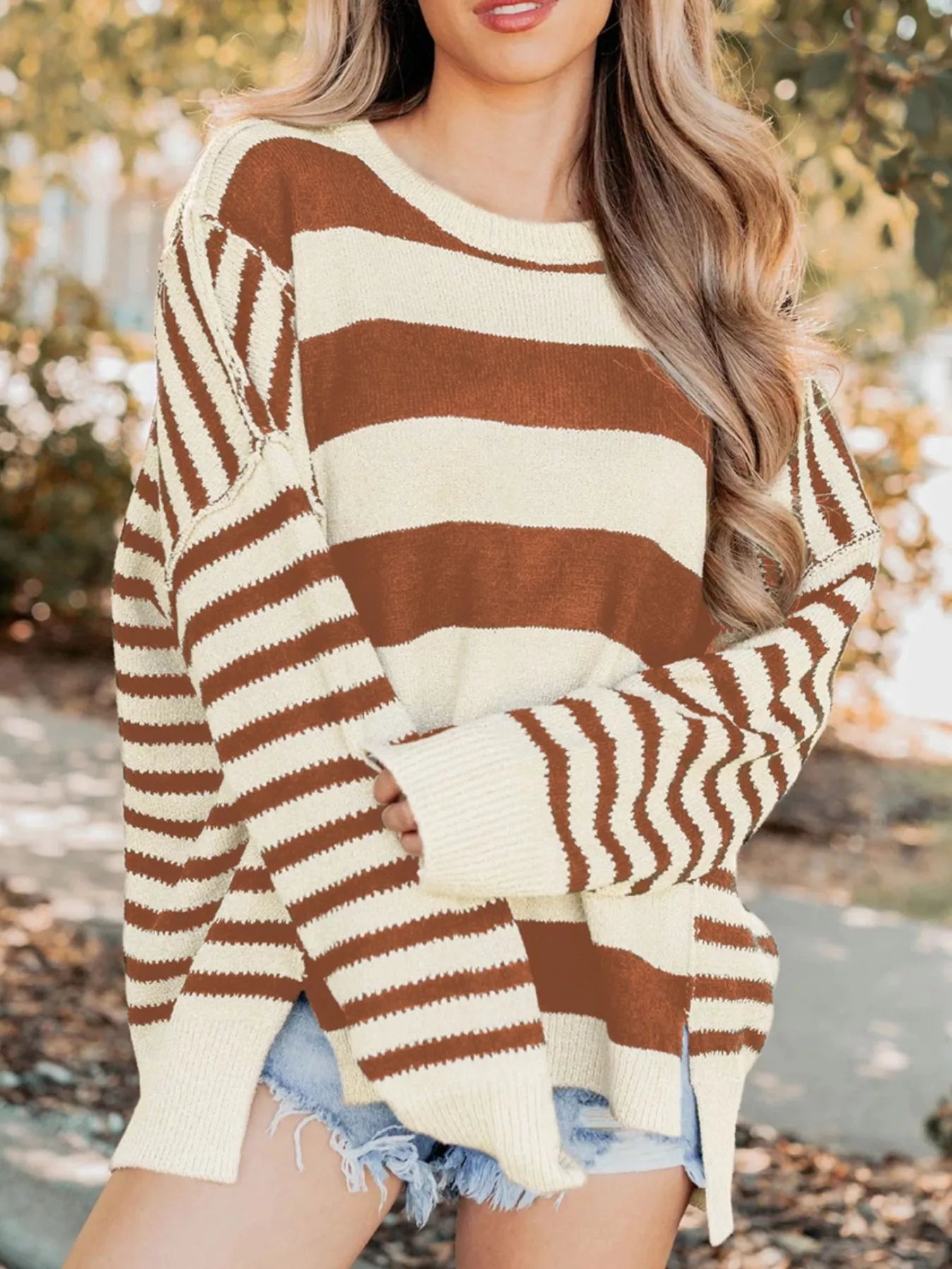 Stripe Drop Shoulder Sleeve Patchwork Baggy Sweater-Nordavory