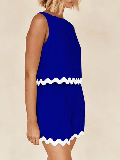 Contrast Trim Round Neck Tank and Shorts Set-Nordavory
