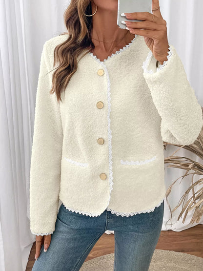 Lace Detail Button Up Long Sleeve Outerwear-Nordavory