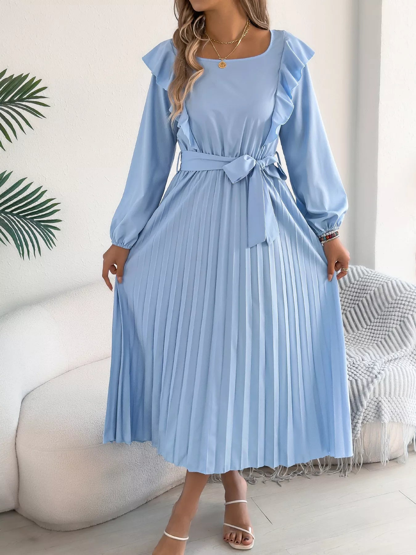 Ruffle Trim Pleated A-Line Midi Dress-Nordavory